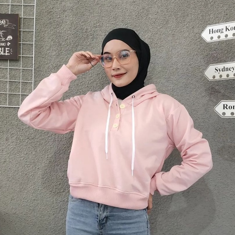 Public - Three Button Hoodie Crop - Hoodie Crop Wanita