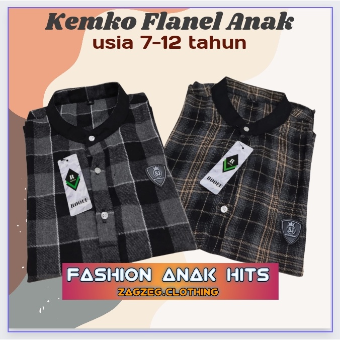 Zagzeg Clothing KEMEJA KOKO ANAK KOKO FLANEL ANAK KOKO LENGAN PENDEK USIA 7-12 TAHUN KURTA FLANNEL ANAK