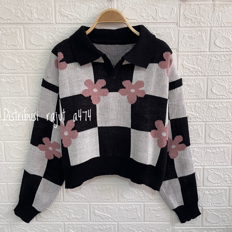 FAMELA ATASAN  SWEATER RAJUT CROP  KERAH MOTIF KOTAK KOTAK BUNGA WANITA