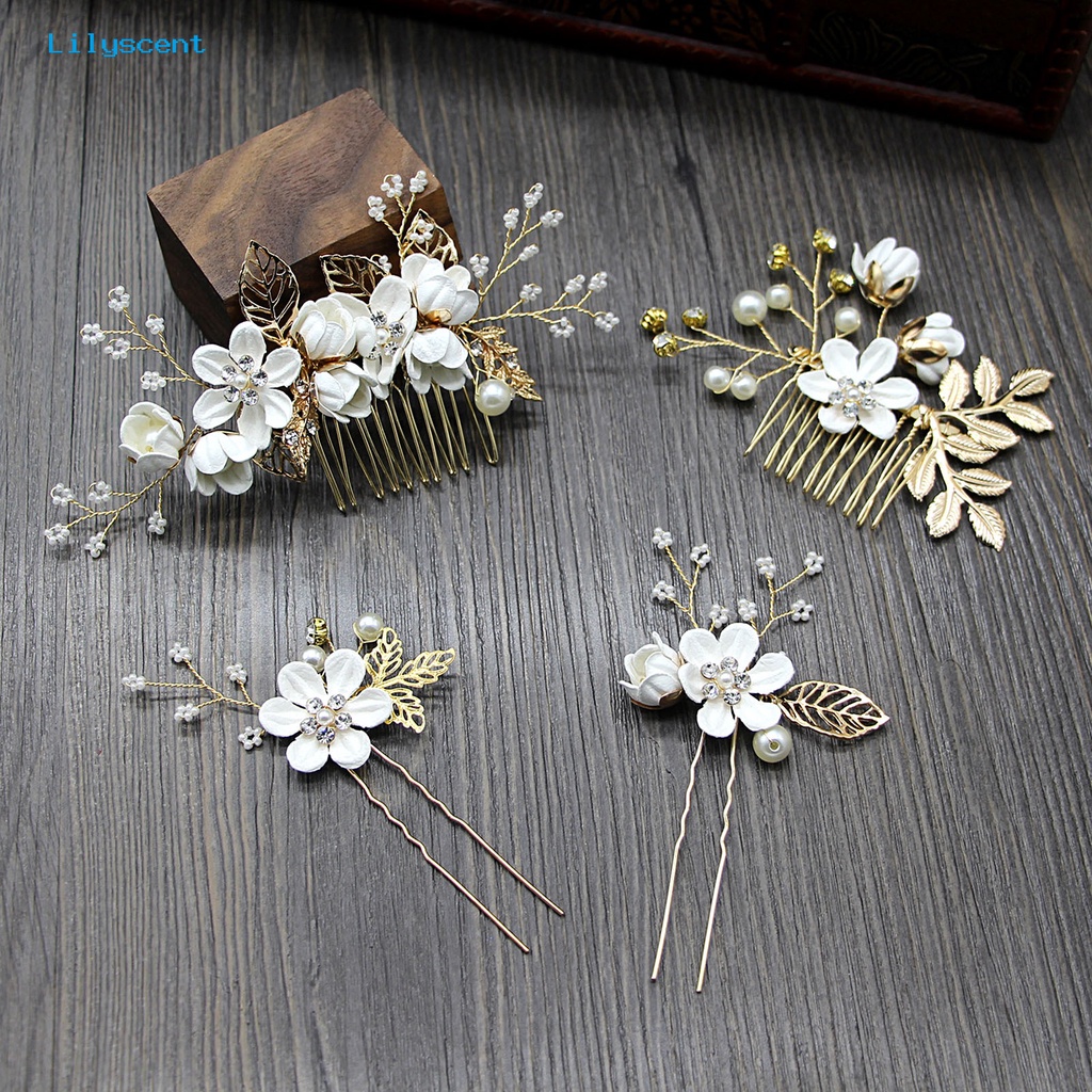 4pcs / Set Jepit Rambut Desain Bunga Daun Kristal Mutiara Palsu Bahan Alloy Untuk Pengantin Pernikahan