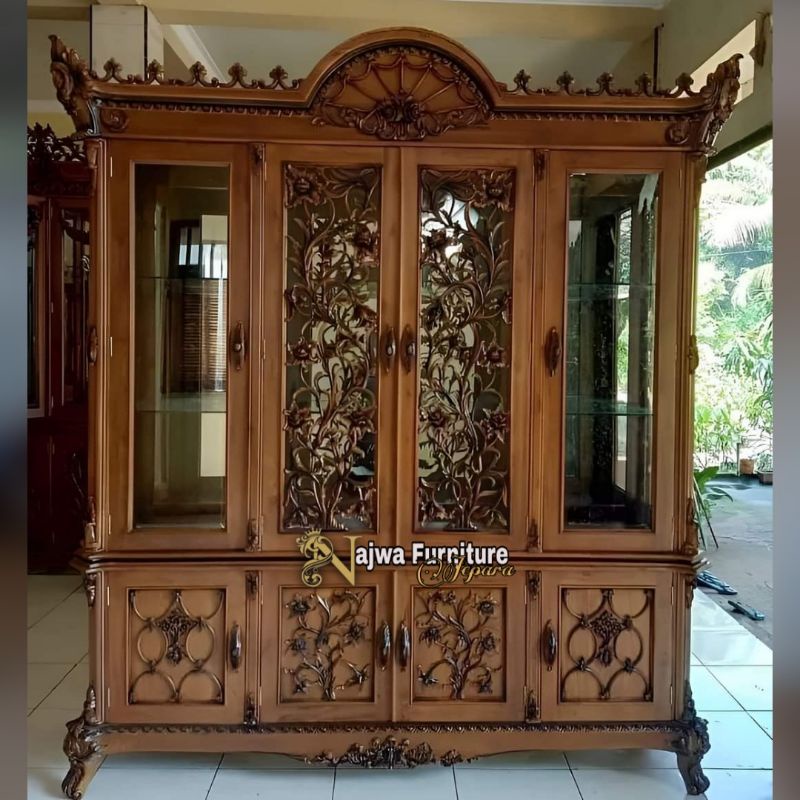 LEMARI HIAS JATI CLASIC MODERN LEMARI UKIR JATI 4 PINTU LEMARI KACA