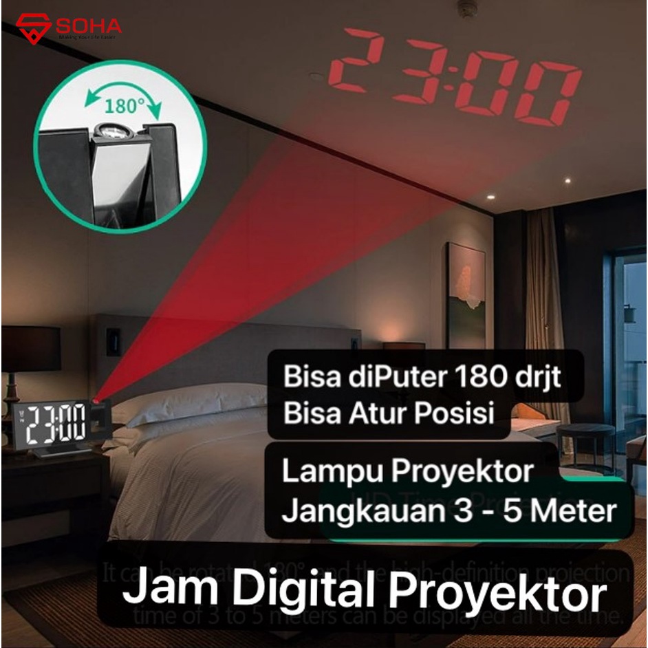 JD-08 Jam Digital Ada Proyektor Jam Mirror Dengan Layar LED Besar Fitur Snooze Ada Suhu Alarm &amp; Kalender Bisa jadikan Cermin