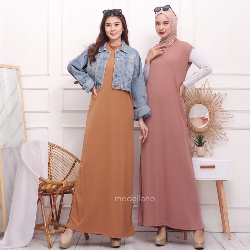 INNER RIB RAJUT LONG DRESS PANJANG INDY LENGAN BUNTUNG LEKBONG MURAH GROSIR