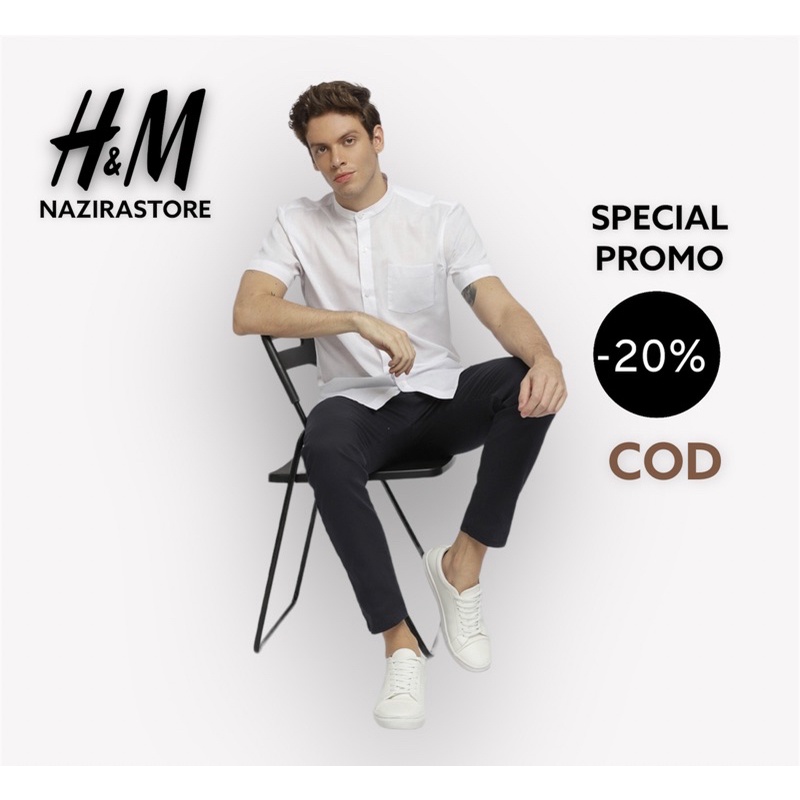 Kameja Pria Sanghai Casual Pendek Putih h&m / Katun tuwil