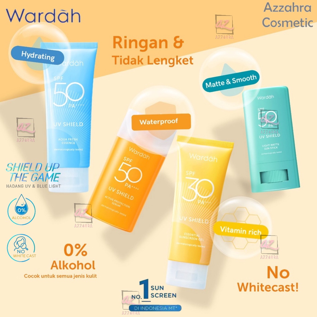 WARDAH UV SHIELD SERIES | Sun Stick SPF 50 | Essential Sunscreen Gel SPF 30 | Aqua Fresh Essence SPF 50 | Active Protection Serum SPF 50