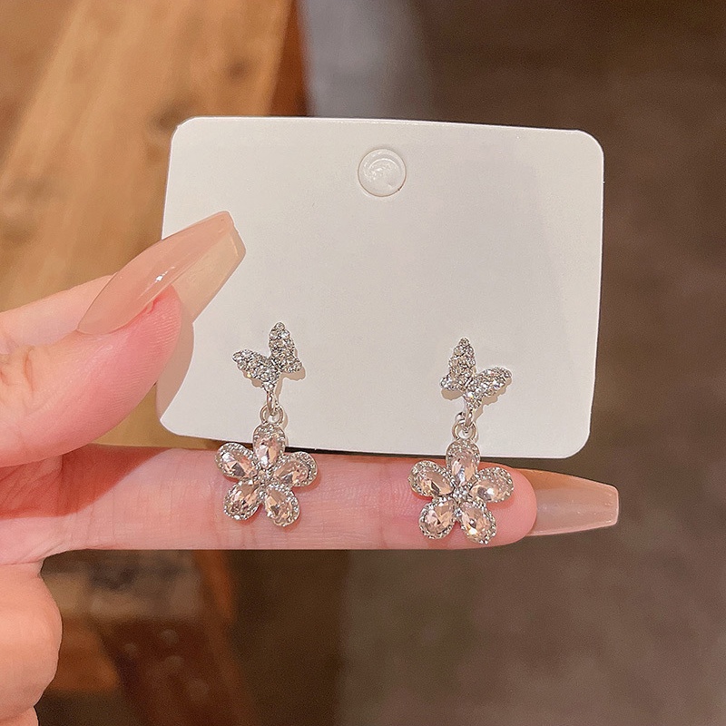 Anting Tusuk Sterling Silver 925 Desain Bunga + Kupu-Kupu Hias Kristal Zircon Mewah Untuk Wanita