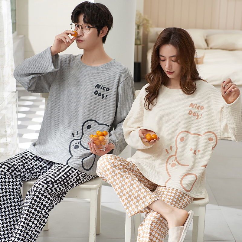 Wafel pasangan piyama katun musim semi dan musim gugur pria dan wanita musim gugur dan musim dingin