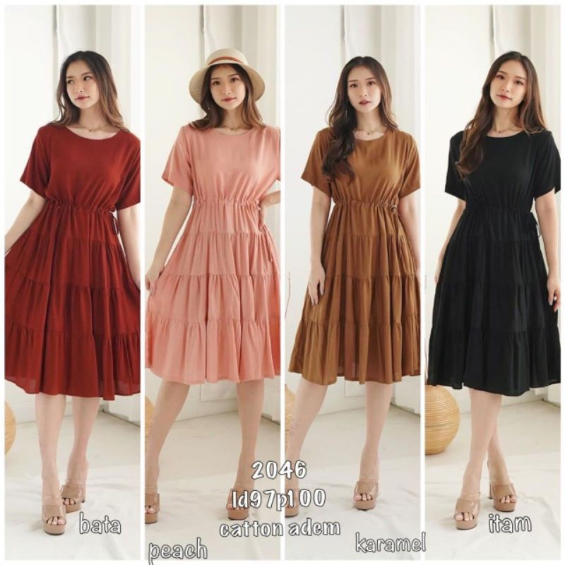 FM 2046 Dress Wanita Polos Katun Lengan Pendek