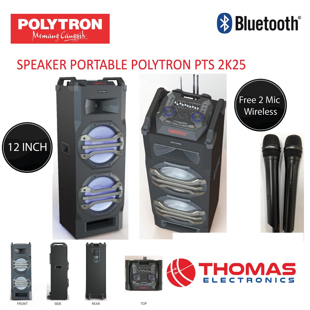 SPEAKER PORTABLE POLYTRON PTS 2K25 Bluetooth + Mic Wireless 2pcs Garansi Resmi