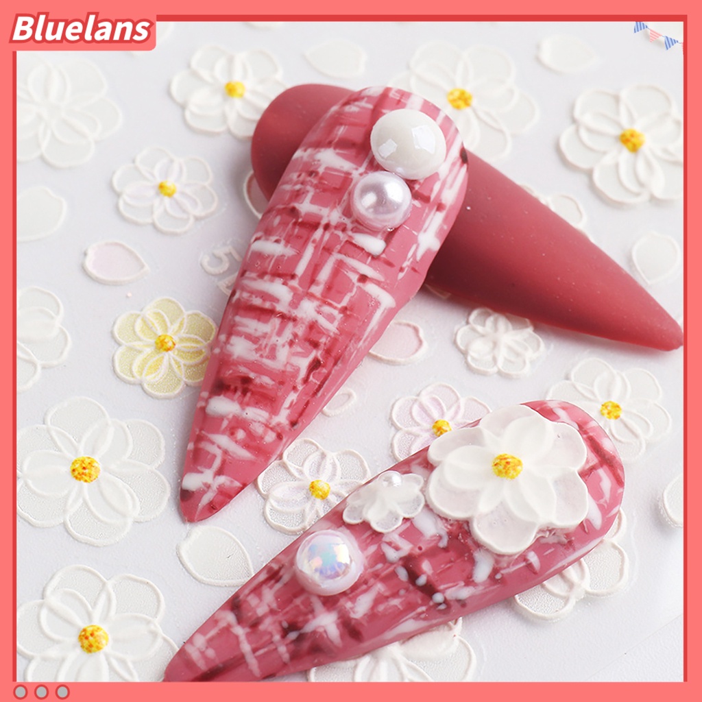 Bluelans Stiker Kuku Desain Renda Bunga Mawar Putih 5D Untuk Dekorasi Manicure Wanita