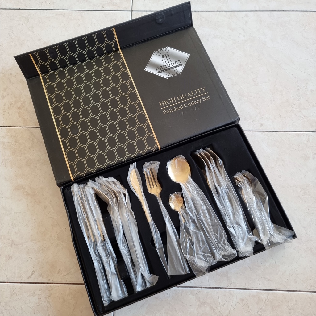 Khatin Cutlery Set Stainless Steel Sendok Garpu 24pcs Gold Cutleries Gift Set