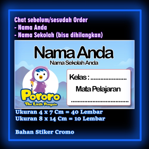 

Stiker Label Buku Pororo Litle penguin pinguin kartun anime lucu Karakter Lucu Custom Lebel Nama cromo murah 20 Varian berbeda Sticker Pelajaran Mapel buku anak sekolah Vol 12