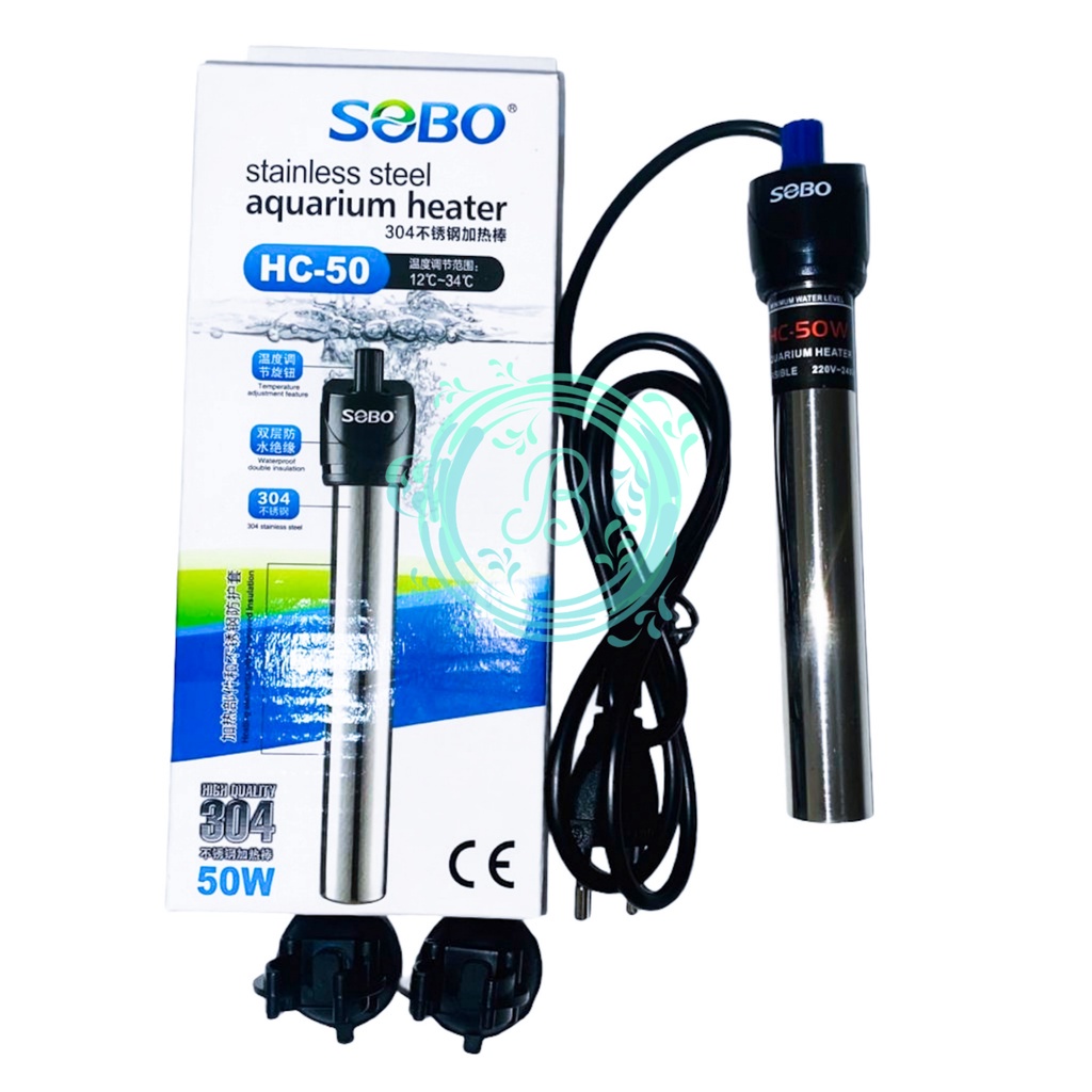 Sobo Amara Heater Stainless Steel 50 Watt 50W Anti Pecah Hiter Stenlis Alat Pemanas Penghangat Suhu Air Aquarium Aquascape Akuarium