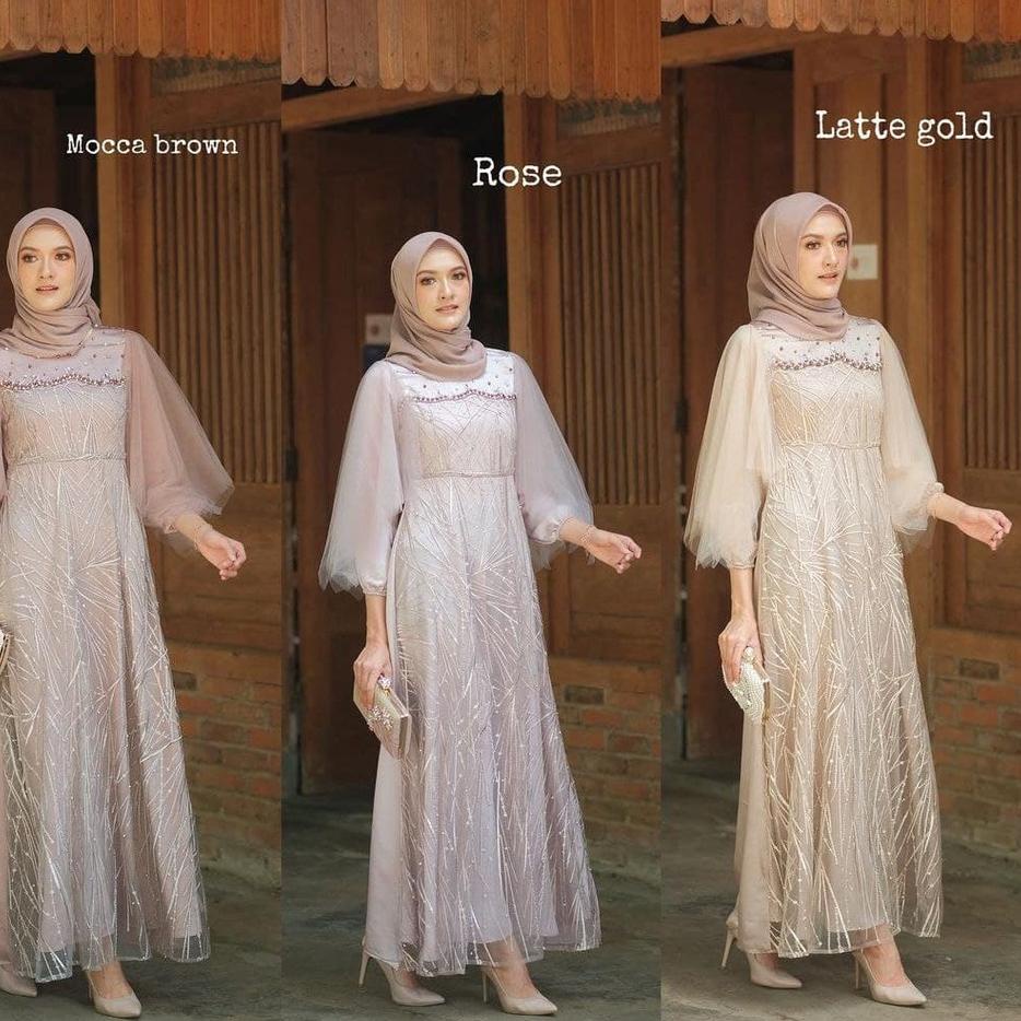Harga Spesial Luna Dress Gamis Pesta Brukat Modern Lebaran Wanita Muslimah Syar'i