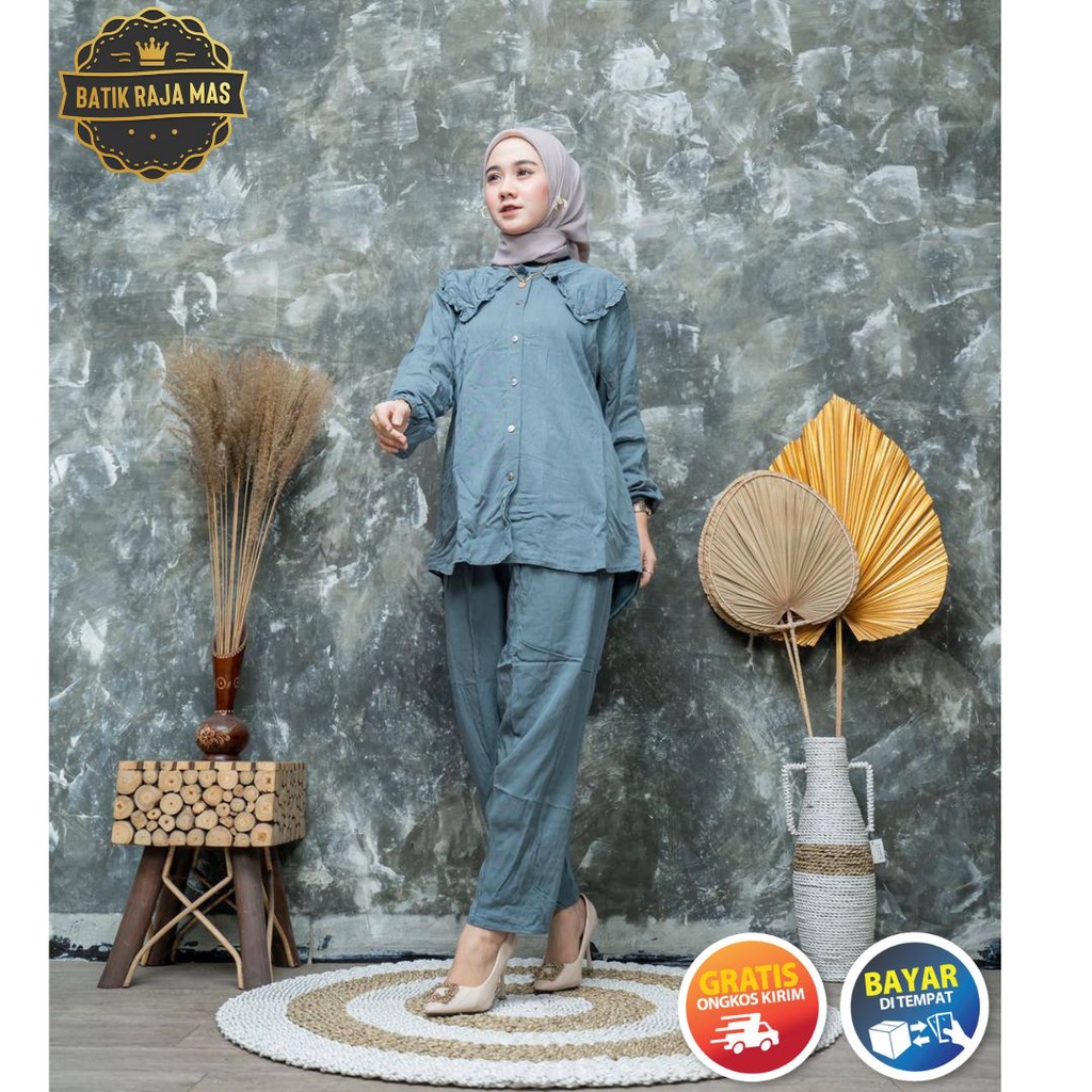 One Set Wanita Dewasa Kekinian Fashion Muslim Terbaru Motif Polos Busui Full Kancing Rayon Twill Ori