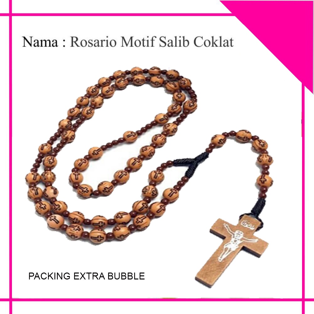 Kalung Rosario Merah Putih / Rosario Motif Salib Coklat / Rosario Akrilik Motif Mawar