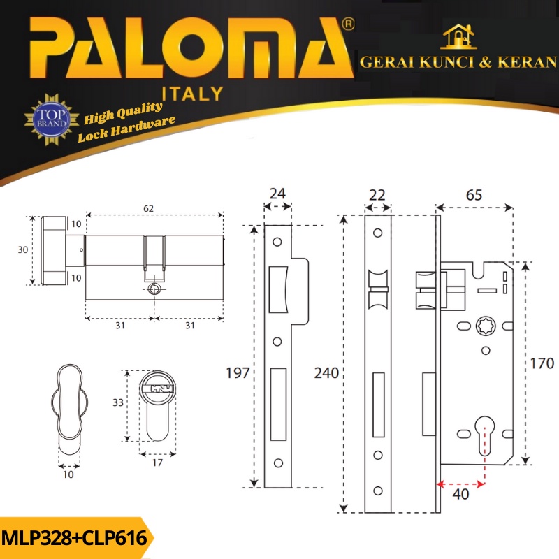 PALOMA MORTISE LOCK SET CYLINDER MLP 328 CLP 616 KNOB KUNCI BODY SWING BACKSET 40MM CYLINDER KNOB 62MM HITAM BLACK MATTE