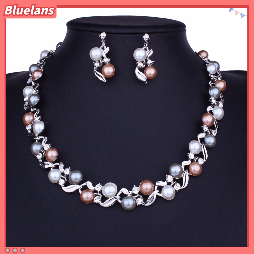 Bluelans Elegant Women Faux Pearl Rhinestone Necklace Ear Stud Earrings Party Jewelry Set