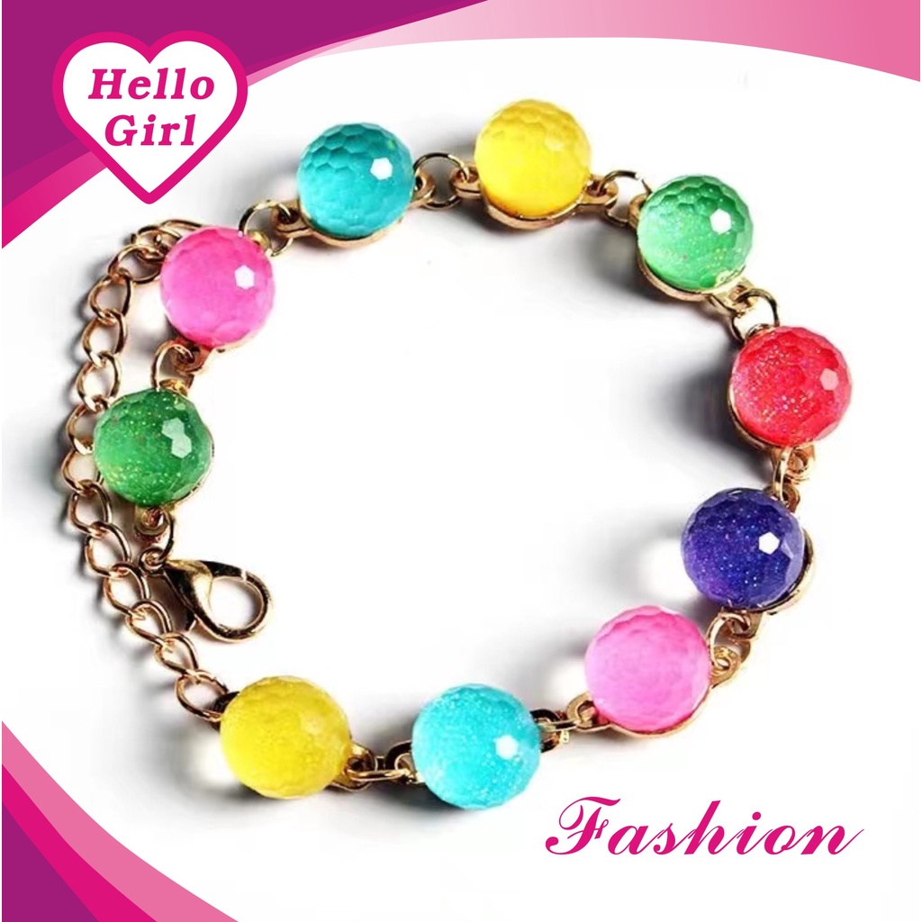 (Hello Girl)G02 Gelang Tangan Motif Bulat Dazzling Permata Pelangi Wanita Import