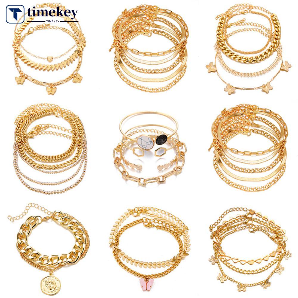 Timekey Set Gelang Kaki Rantai Alloy Tebal Multi Layer Gaya Retro Untuk Wanita R8T2