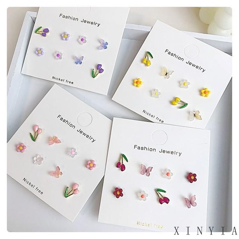 【Bayar di tempat】Set Anting Stud Desain Bunga Kupu-Kupu Hati Mutiara Untuk Aksesoris Perhiasan Wanita