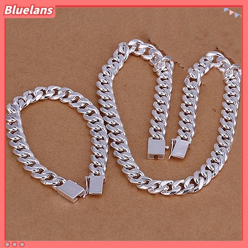 Bluelans Fashion Men 925 Sterling Silver Flat Sideways Necklace Bracelet Jewelry Set