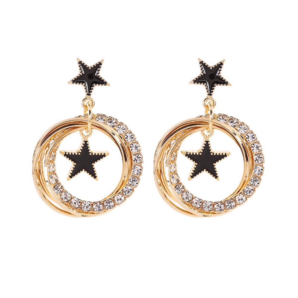 Anting Tusuk Gantung Desain Geometri Bulat + Bintang Warna Gold / Hitam Hias Kristal Untuk Wanita