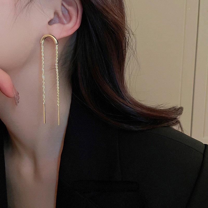 Anting Rumbai Panjang Bentuk U Bahan Silver Needle Gaya Korea Untuk Wanita