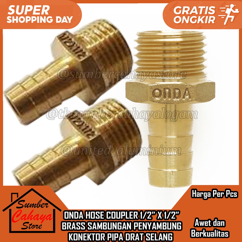 ONDA HOSE COUPLER 1/2” X 1/2” KUNINGAN BRASS SAMBUNGAN PENYAMBUNG KONEKTOR PIPA DRAT SELANG SLANG BR