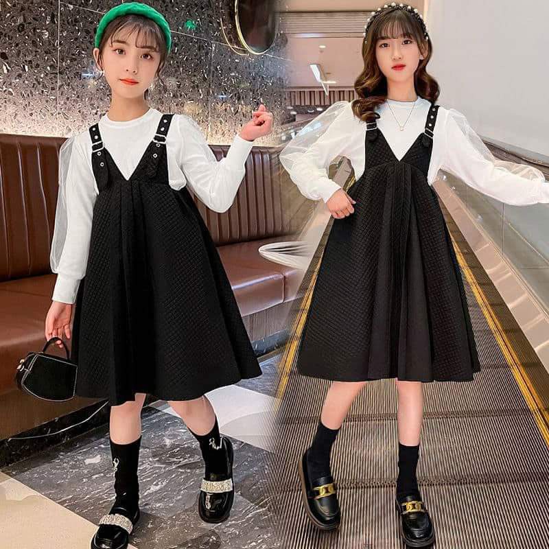 Setelan Overall Dress Anak Perempuan Emboss Black And White