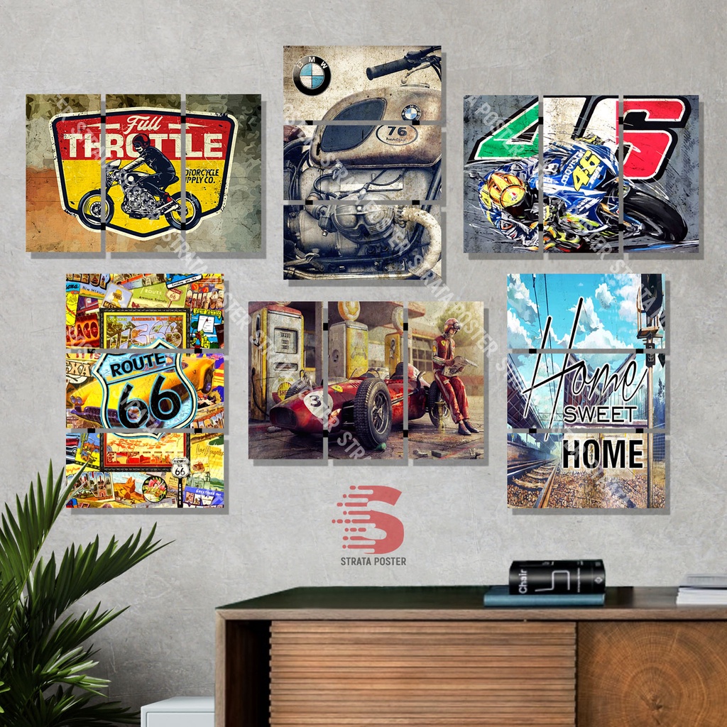 Pajangan dinding vintage Poster kayu Dekorasi ruangan Otomotif motor Poster Puzzle