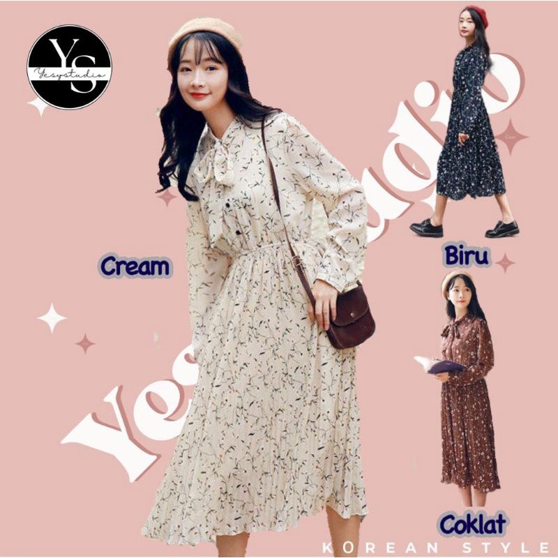 DRESS LENGAN PANJANG SIFON MOTIF BUNGA ROK PLISKET