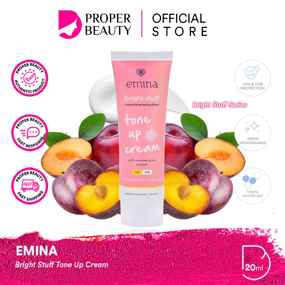 EMINA Bright Stuff Tone Up Cream Indonesia / Pelembab Wajah 20ml / With Summer Plum Extract / UVA UVB / Brighten Skin Tone &amp; Fade Dark Spots / Mencerahkan Instan Pelindungan Sinar UV / Skincare Face Sun Care Facial Day Night / Treatment Perawatan Series