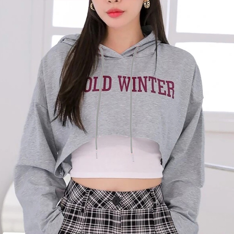 Hoodie Crop Wanita - Cold Winter - Atasan Wanita - Bahan Fleece - Allsize