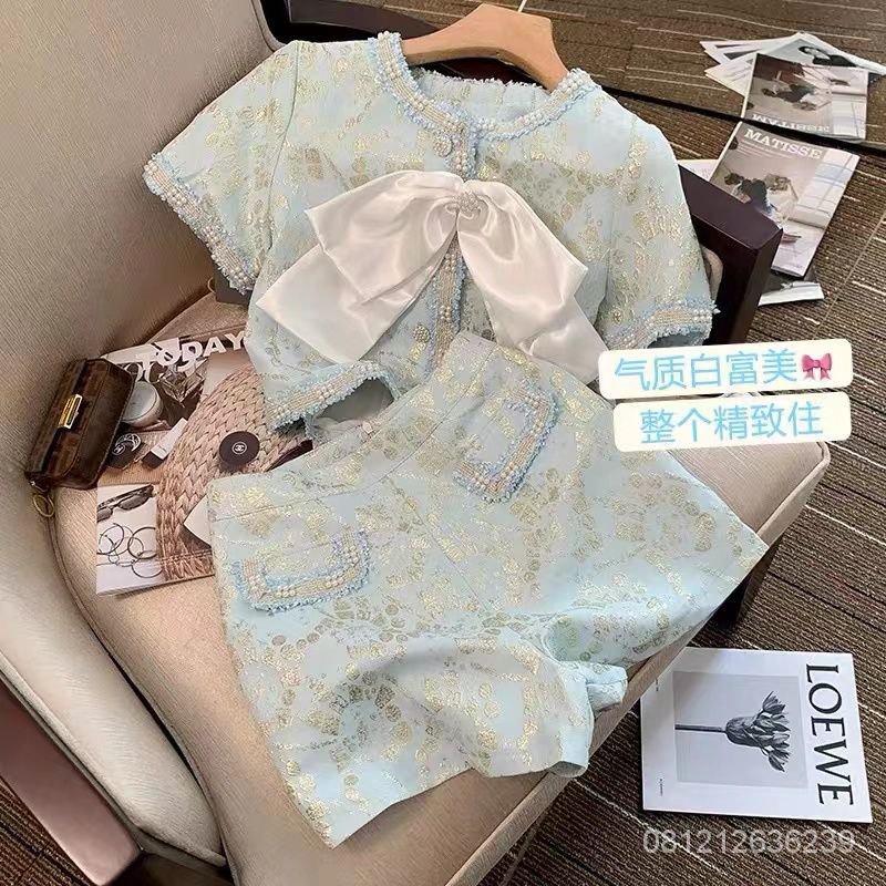 #Sisjuly# Tempramen fashion wanita baju bau kecil wanita musim panas busur atas dan celana pendek du