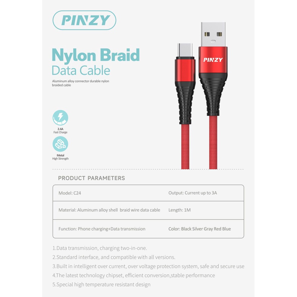 Kabel Data Charger PINZY C24 USB Type C Nylon Braid 2.4A Fast Charging