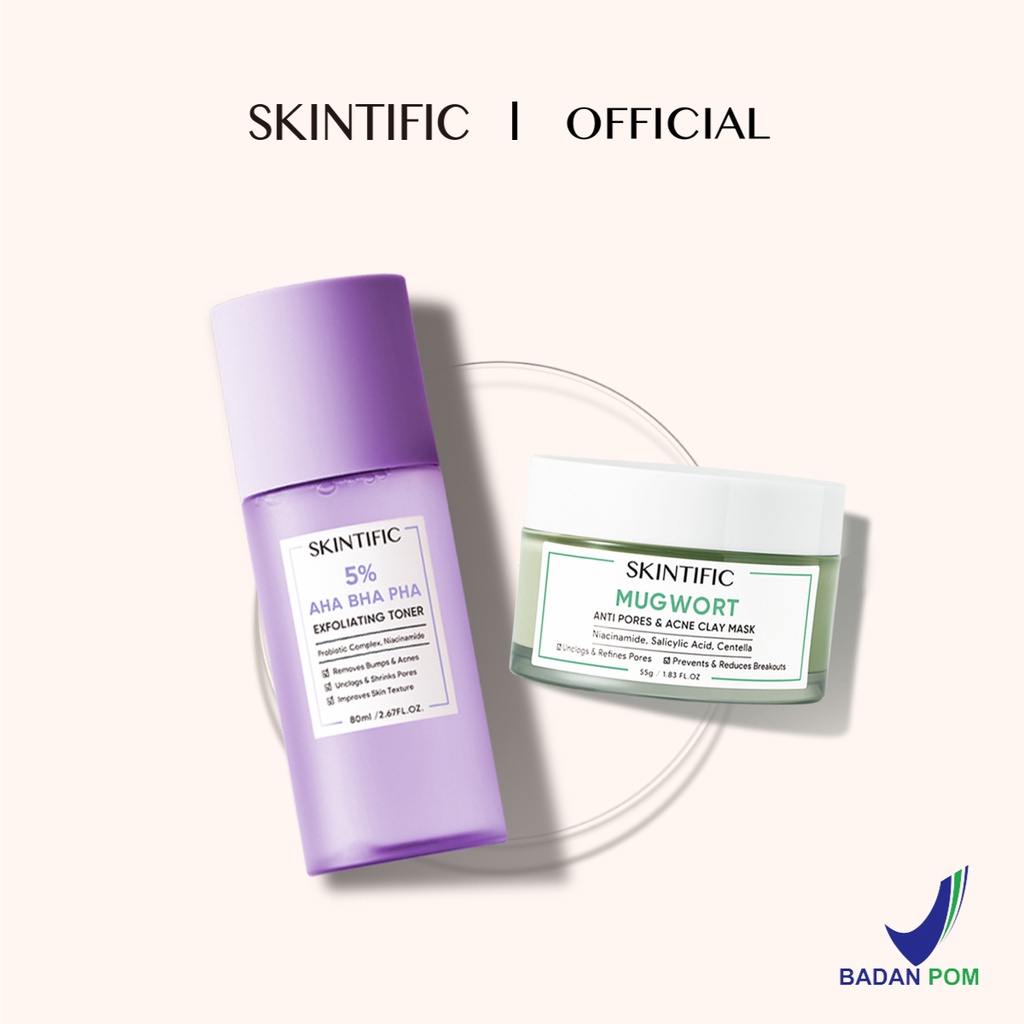 SKINTIFIC - Mugwort Anti Pores &amp; Acne Clay Mask Pore Clarifying Wask Off Pack 55G Masker Wajah &amp; 5% Aha Bha Pha Exfoliating Toner 【BPOM】