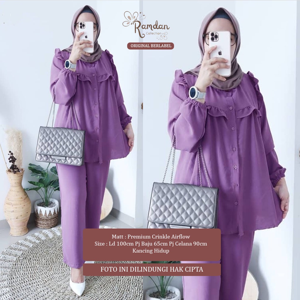 Ramdan Collection A043 | Milly One Set Matt Crinkle Airflow Setelan Wanita Kekinian Tunik + Celana Import Fashion Muslim Jumbo OOTD Baju Wanita OOTD Atasan Premium Terbaru Anak Perempuan Long Murahan Kondangan Hitam Long Tunik Busui Friendly