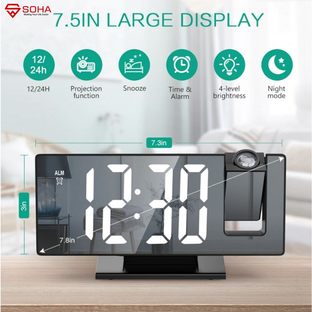 JD-08 Jam Digital Ada Proyektor Jam Mirror Dengan Layar LED Besar Fitur Snooze Ada Suhu Alarm &amp; Kalender Bisa jadikan Cermin