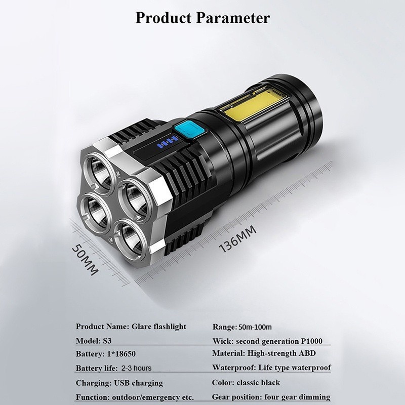 Senter Terang 4 Mata LED Rechargeable Multifungsi/Senter Portabel Cas - Senter 5 led