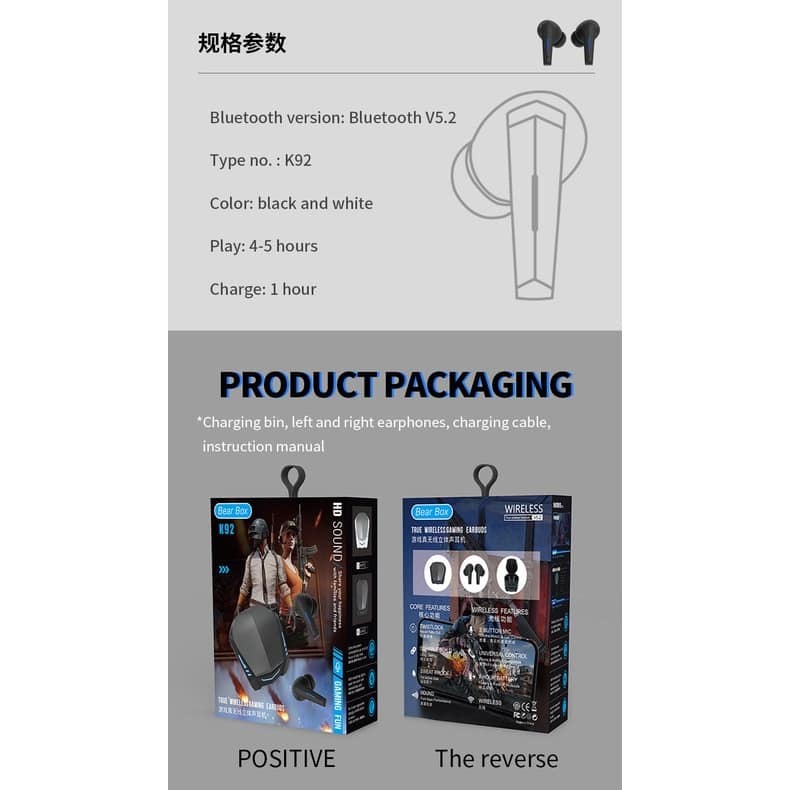 HEADPHONE GAMING TWS K-92 HEADSET HANDSFREE BLUETOOTH TWS K-92 WIRELESS EARPHONE K92