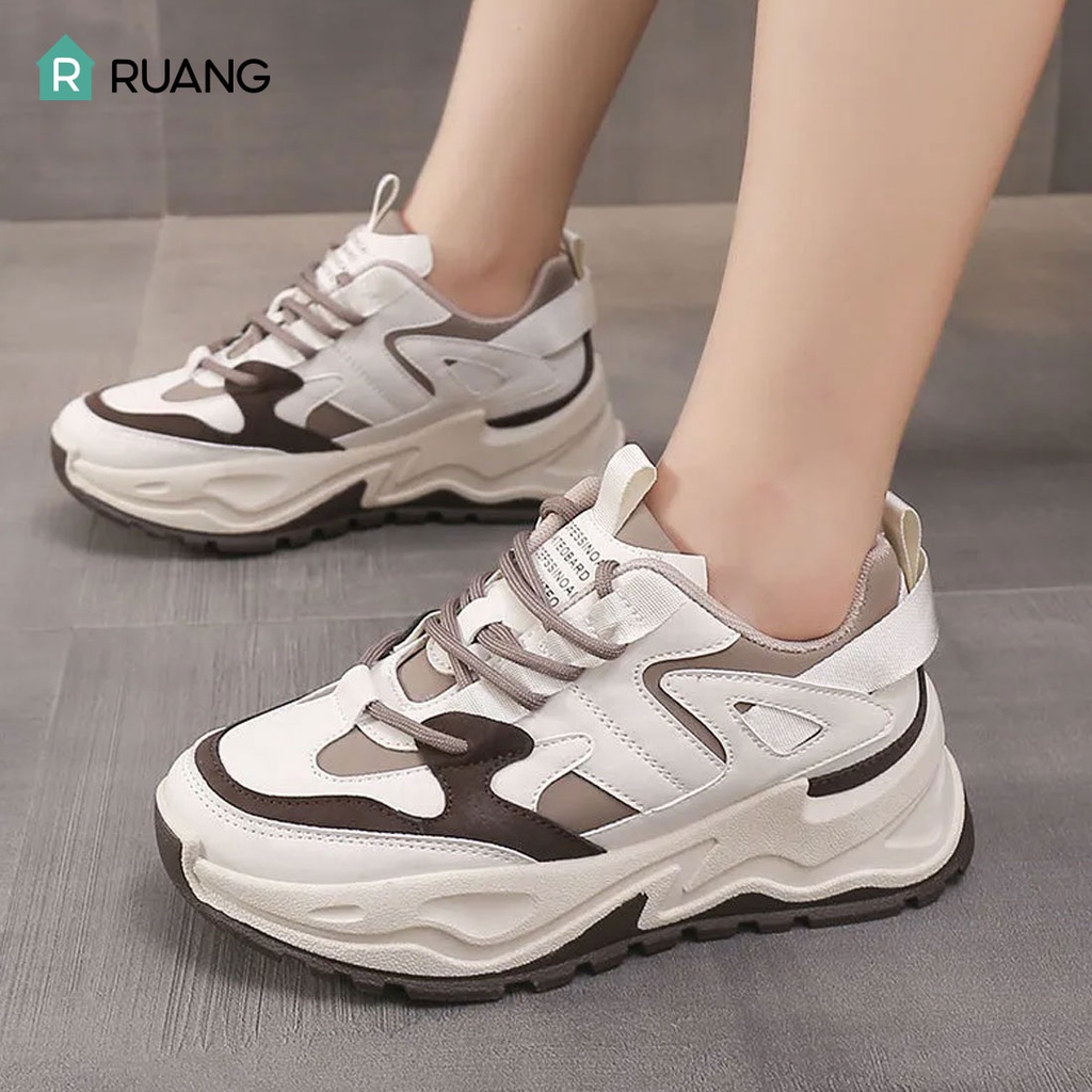 Patchwork Sepatu Sneakers Wanita Sport Shoes Korea Trend Casual Platform Running Sneaker Black/Khaki