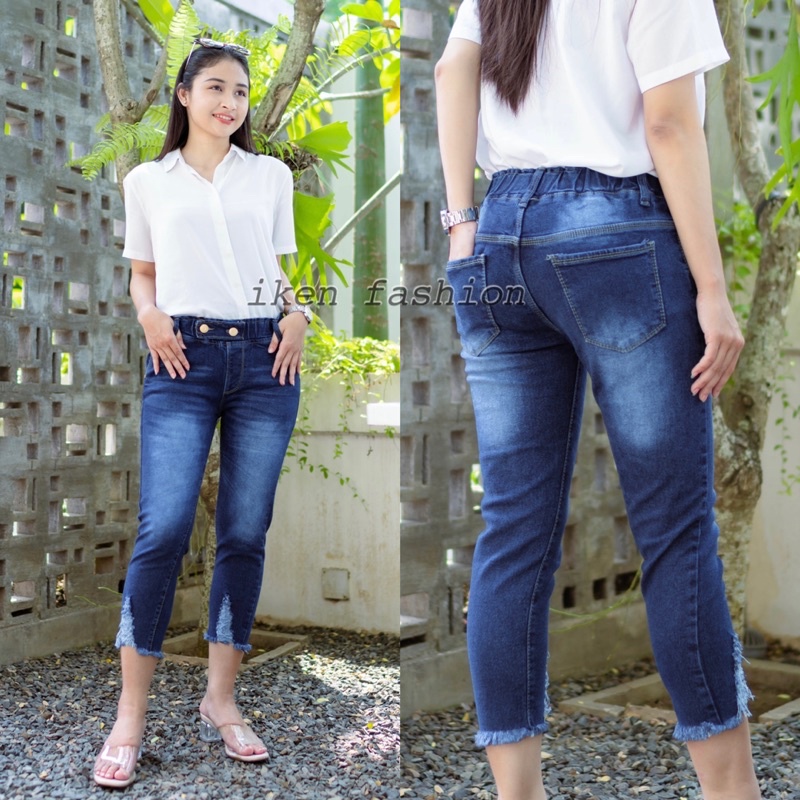 LORA RUBBER JEANS 7/9 KANCING 2 // CELANA JEANS 7/9 WANITA PINGGANG KARET