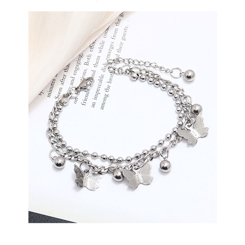 LRC Gelang Tangan Fashion Silver Stainless Steel Butterfly Bell Multilayer A63656