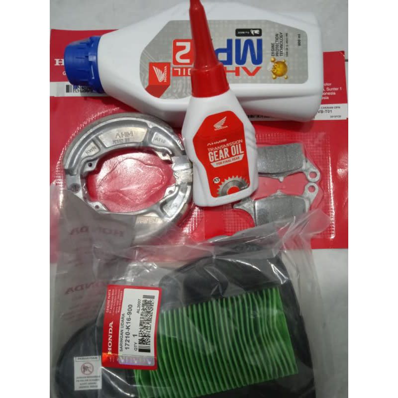 paket set...5 in 1...oli MPX2, oli gardan, dispad depan, kampas rem belakang, filter udara utk all motor beat