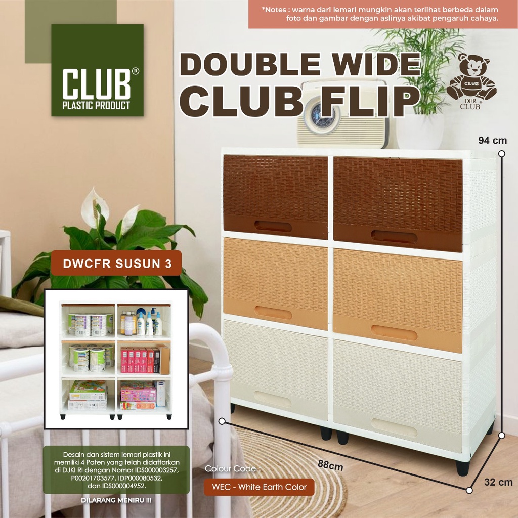 Double Wide Club Flip Susun 3 - Lemari Rak TV Monitor - Lemari Plastik Lebar Pintu Geser - Lemari La