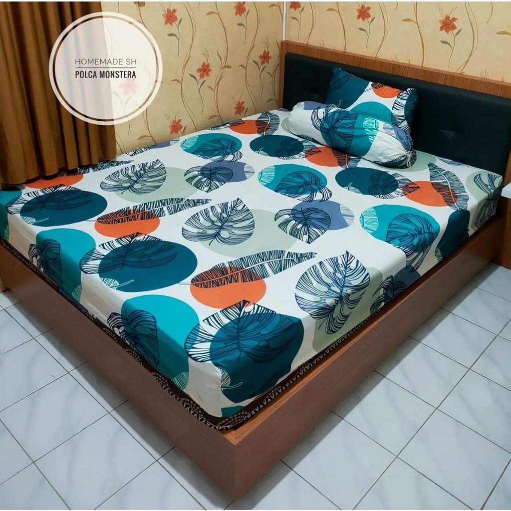TERLARIS SEPRAI Sprei Motif Polka Monstera Leaf Bahan Katun Disperse