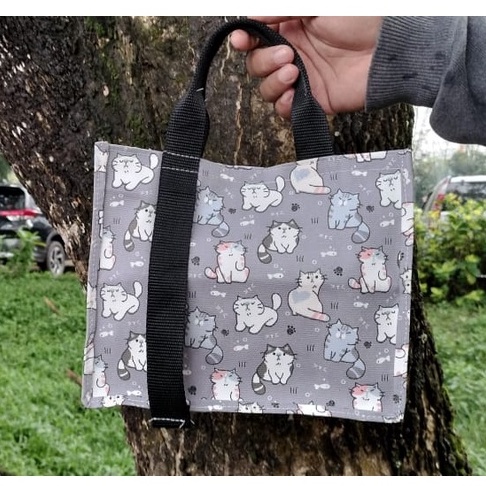 totebag tas handbag jinjing motif kucing cat model tali marhe n terlaris bahan kanvas tebal