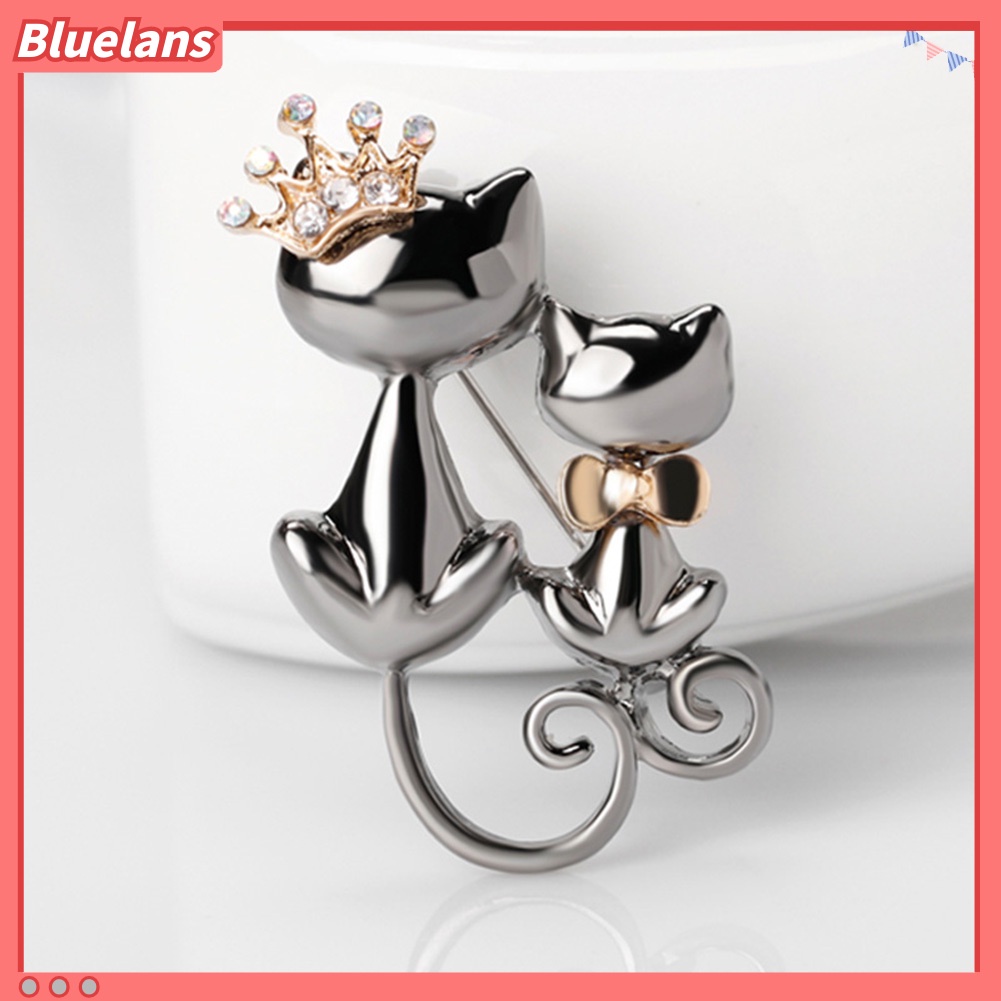 Bluelans Fashion Jewelry Shiny Rhinestone Cute Double Cats Kitten Crown Brooch Pin Gift
