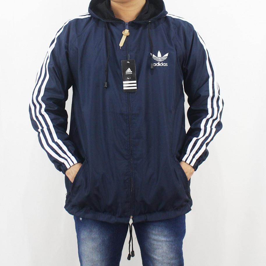 GRATIS ONGKIR Jaket Pria Parasut Adidas Windbteaker Hitam List Putih XL XXL - Jaket Parsut Jumbo - J